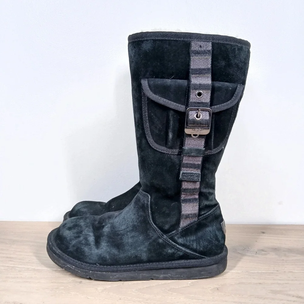 UGG Retro Cargo Pocket Boots Women 8 Black Suede Shearling Mid Calf Buckle Zip